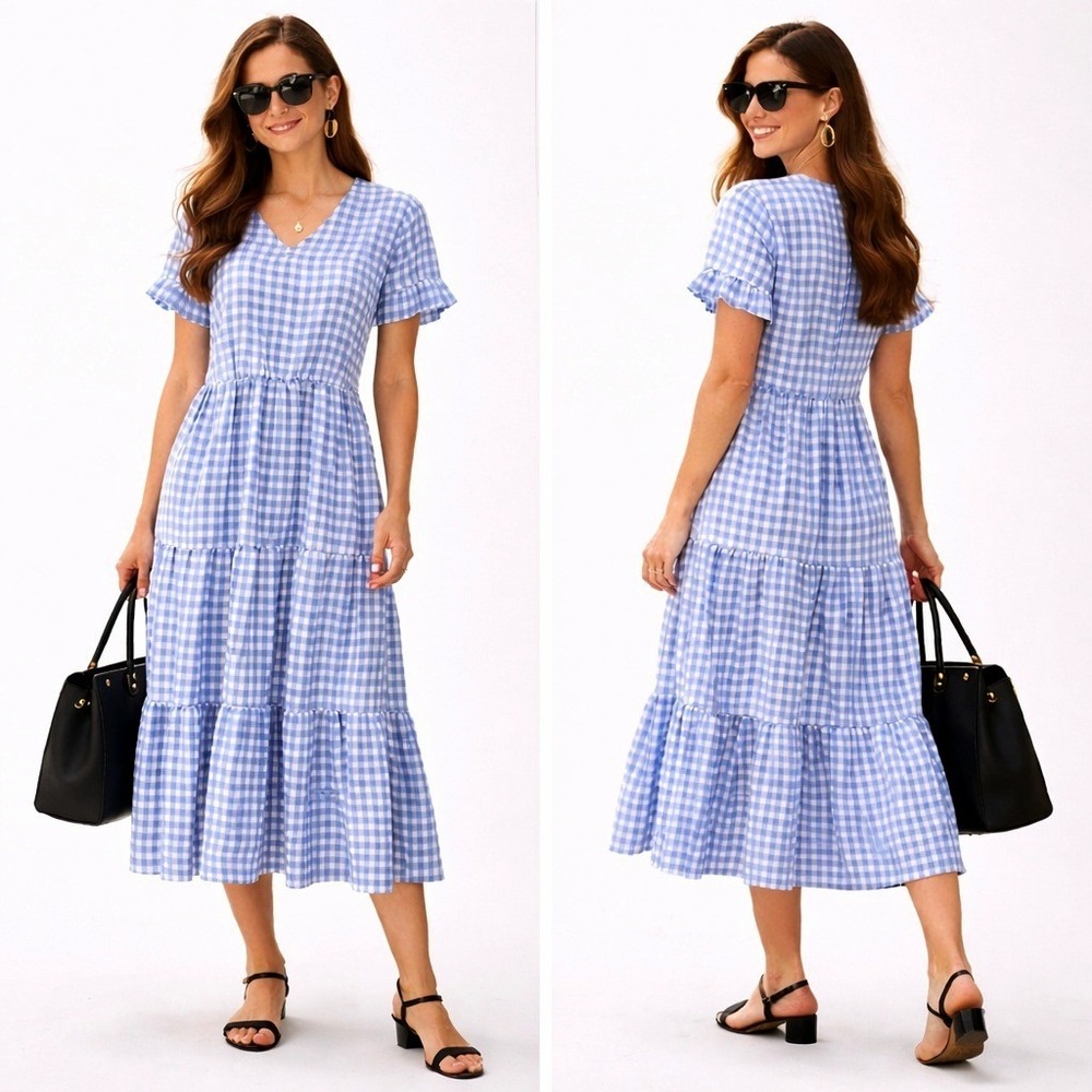 Chic Style Blue Gingham Tiered V-Neck Dorothy Midi Dress Size Large Cottagecore